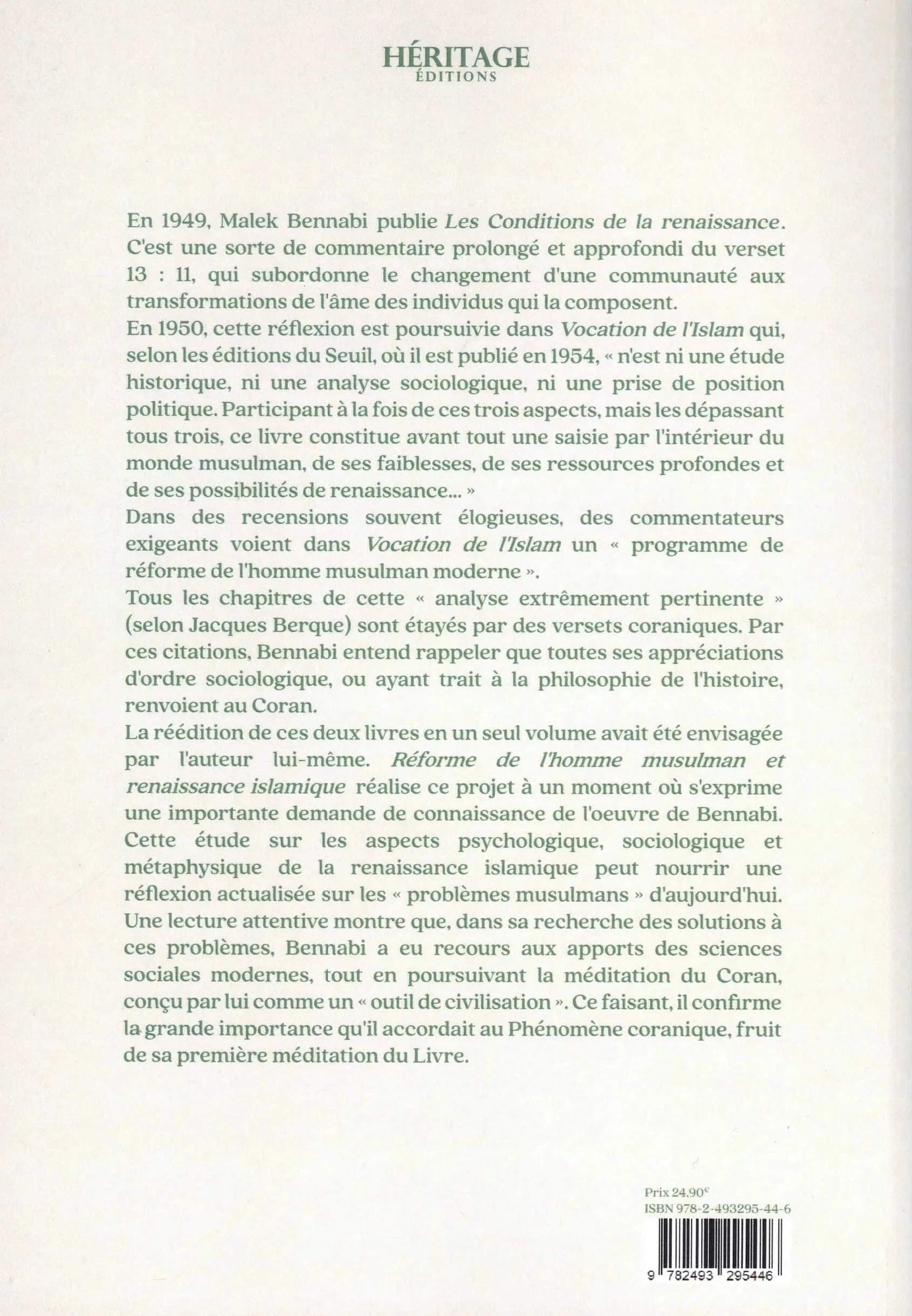 Réforme de l’homme musulman & renaissance islamique par Malek Bennabi - éditions Héritage - Couverture Verso du Livre