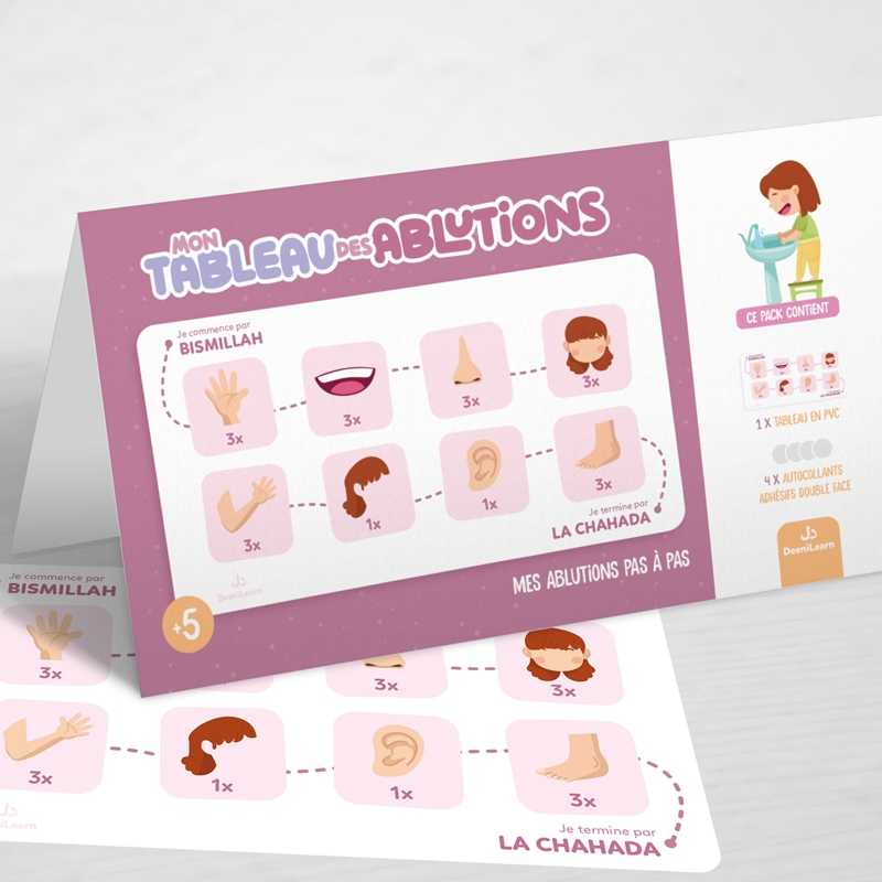 Mon tableau des ablutions - Rose – Mes ablutions pas à pas - Éditions DeeniLearn DeeniLearn Livre Islam Enfant 9782931241141 Librairie Musulmane Al-imen